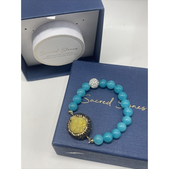 Sacred Stones Natural Blue Agate Stone And Druzy Stone Stretch Bracelet New - Picture 1 of 6